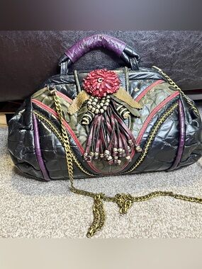 Women’s Black leather Satchel with Red Accent Flower Detail